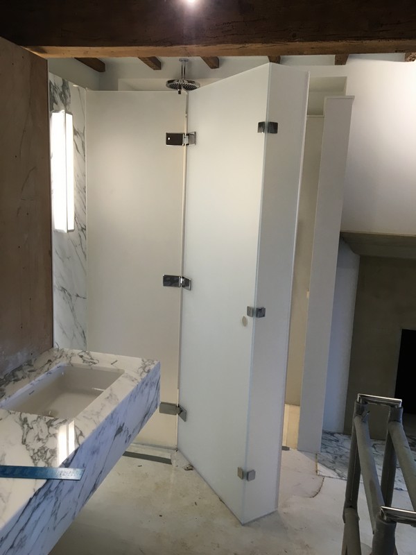 Bespoke frosted glass shower enclosure in Ruislip luxury bathroom